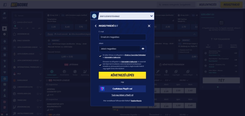 BetScore regisztráció